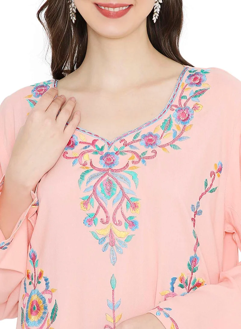 HANA & SARA PASTEL PEACH COLOUR LONG VISCOSE DRESS WITH FLORAL EMBROIDERY ELEGANT ARABIC KAFTAN JALABIYA DRESS