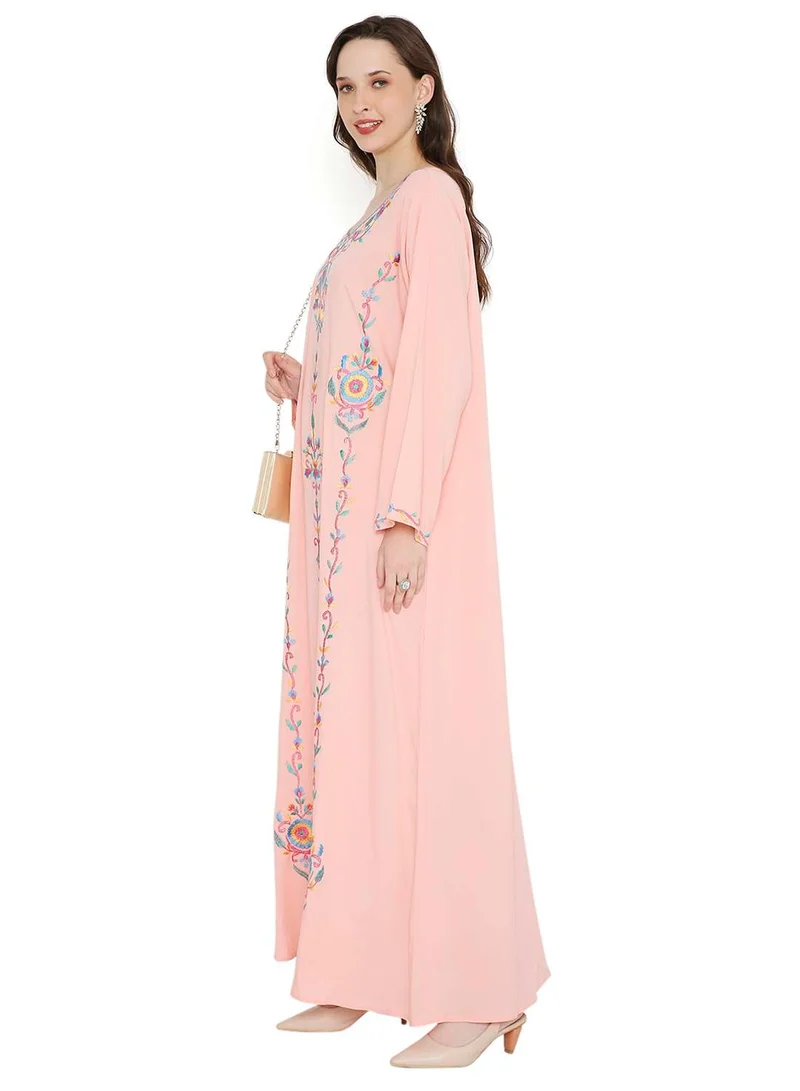 HANA & SARA PASTEL PEACH COLOUR LONG VISCOSE DRESS WITH FLORAL EMBROIDERY ELEGANT ARABIC KAFTAN JALABIYA DRESS
