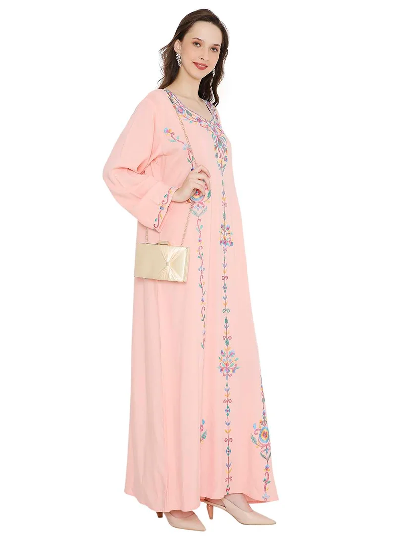 HANA & SARA PASTEL PEACH COLOUR LONG VISCOSE DRESS WITH FLORAL EMBROIDERY ELEGANT ARABIC KAFTAN JALABIYA DRESS