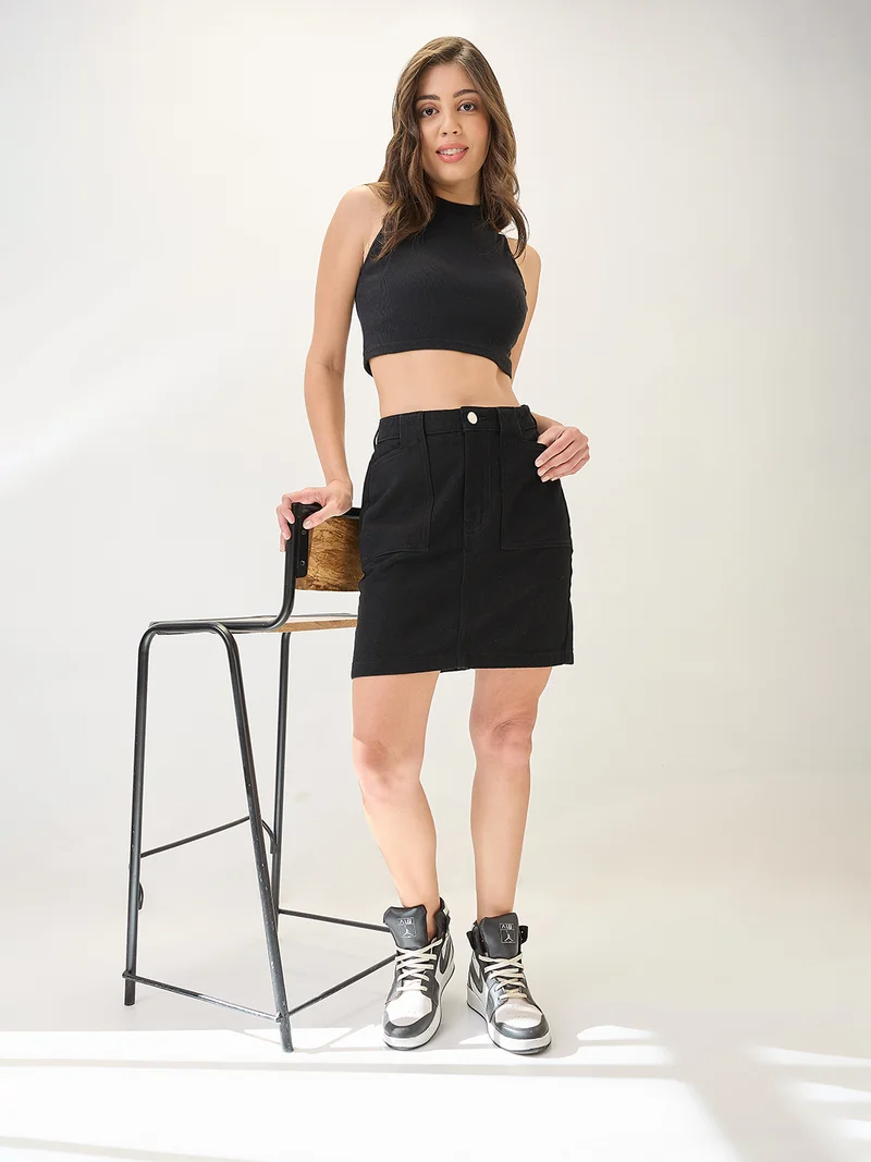 globus Women Cotton Mid Rise Pocket Detail Mini Denim Skirt