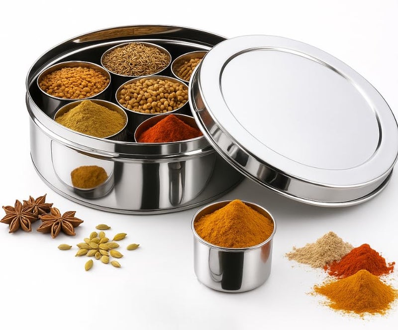 VISAXMI Stainless Steel Masala Box | Masala Dani with 7 Containers & 1 Spoon | Spice Box for kitchen | Masala Dabba Steel | Spice Organiser set (Silver, 18.5 Diameter) - Image 1