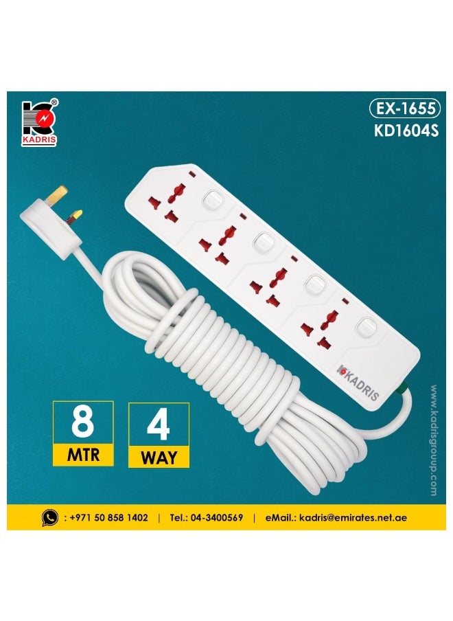 KADRIS - Power Strips KD1604S Heavy Duty Extension Cord with 4 way Outlets with switches, Charging Socket with 8 meter Heat resistant  Extension Cord (White) - Image 1