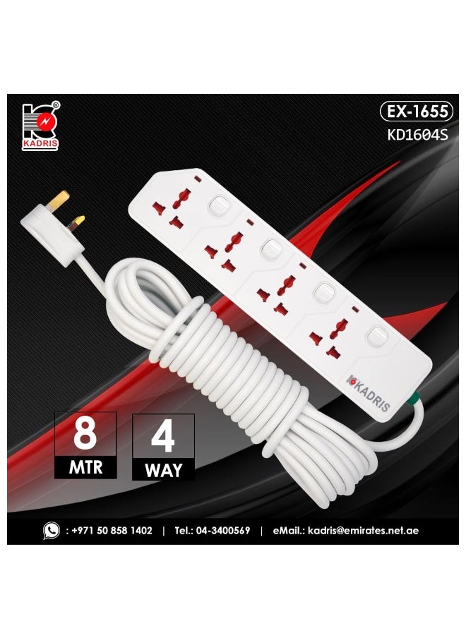 KADRIS - Power Strips KD1604S Heavy Duty Extension Cord with 4 way Outlets with switches, Charging Socket with 8 meter Heat resistant  Extension Cord (White) - Image 1