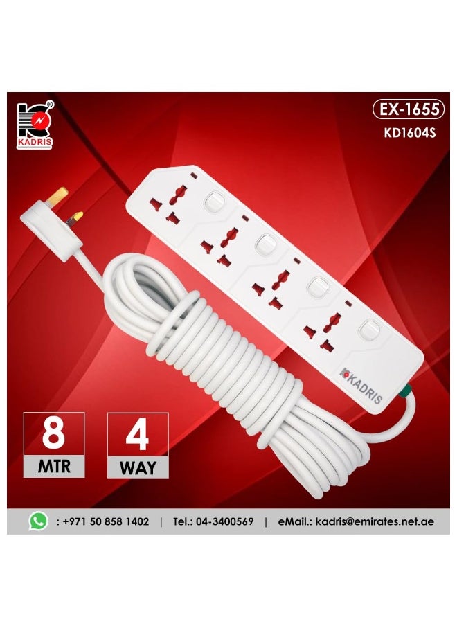 KADRIS - Power Strips KD1604S Heavy Duty Extension Cord with 4 way Outlets with switches, Charging Socket with 8 meter Heat resistant  Extension Cord (White) - Image 1