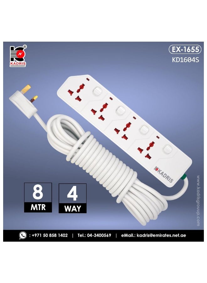 KADRIS - Power Strips KD1604S Heavy Duty Extension Cord with 4 way Outlets with switches, Charging Socket with 8 meter Heat resistant  Extension Cord (White) - Image 1