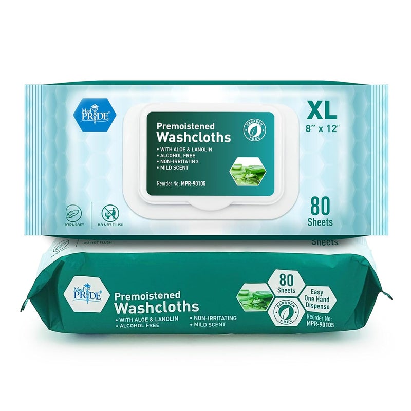 Medpride Disposable XL Premoistened Washcloths 8” x 12” Pack of 80 - Adult Cloth Wipes For Sensitive Skin- Extra Soft Incontinence Wipes - Image 1