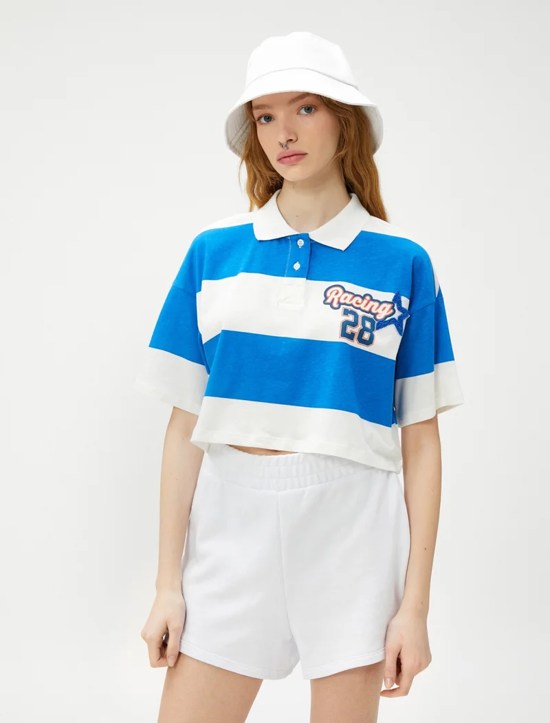 كوتون Crop T-Shirt Polo Neck College Printed Short Sleeve Cotton