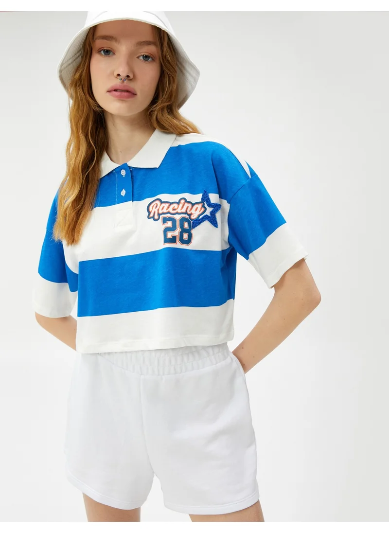 كوتون Crop T-Shirt Polo Neck College Printed Short Sleeve Cotton