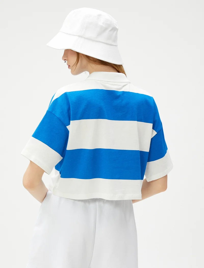 كوتون Crop T-Shirt Polo Neck College Printed Short Sleeve Cotton