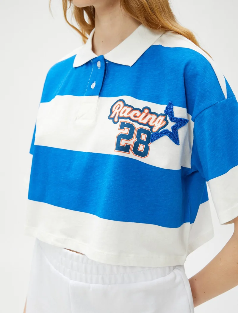 كوتون Crop T-Shirt Polo Neck College Printed Short Sleeve Cotton