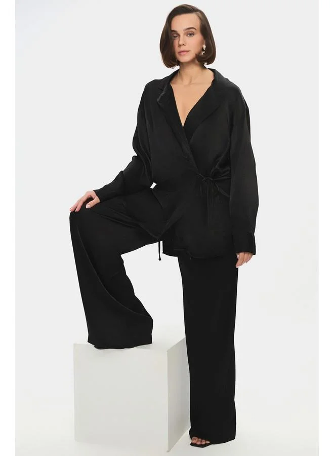 JUNE June Women %100 Viscose Tie Detailed Flowy Shirt Trouser Set Black