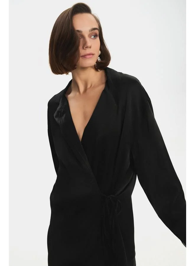 JUNE June Women %100 Viscose Tie Detailed Flowy Shirt Trouser Set Black