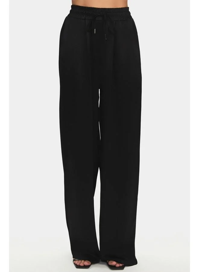 JUNE June Women %100 Viscose Tie Detailed Flowy Shirt Trouser Set Black