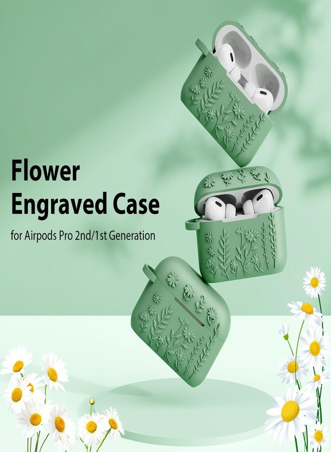 AIRSPO Airpod Pro 2nd Generation Case, 3D Floral Embossed Soft Silicone Protective Cover with Cleaner Kit for Apple Airpods Pro 2nd 1st Gen Case with Keychain (2023/2022), Green - Image 2
