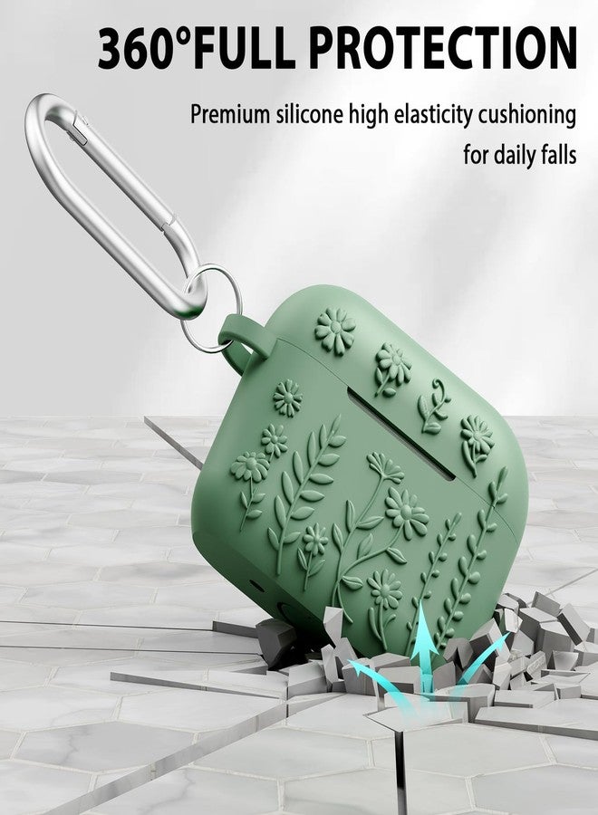 AIRSPO Airpod Pro 2nd Generation Case, 3D Floral Embossed Soft Silicone Protective Cover with Cleaner Kit for Apple Airpods Pro 2nd 1st Gen Case with Keychain (2023/2022), Green - Image 3