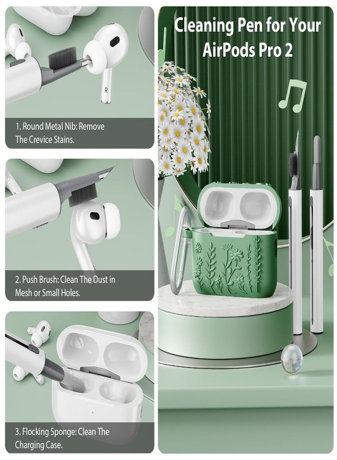 AIRSPO Airpod Pro 2nd Generation Case, 3D Floral Embossed Soft Silicone Protective Cover with Cleaner Kit for Apple Airpods Pro 2nd 1st Gen Case with Keychain (2023/2022), Green - Image 4