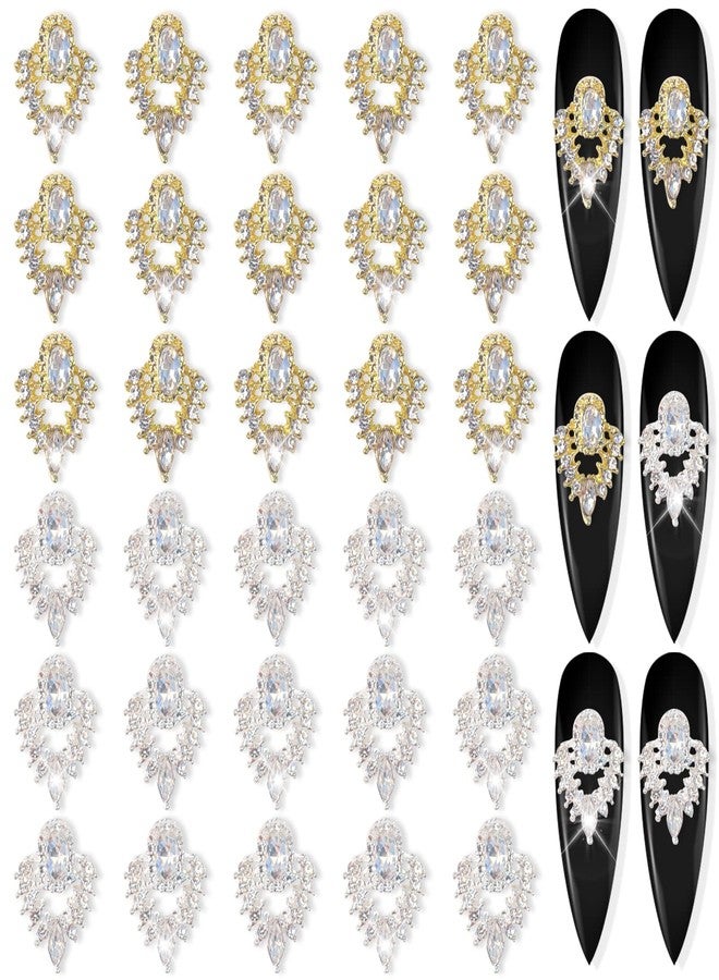 SILPECWEE 30pcs 3D Luxury Nail Charms Gold and Silver Nail Rhinestones Gems Glass Crystal Clear Nail Diamond Metal Nail Studs Nail Jewels Nail Art Decorations for Acrylic Nails - Image 1