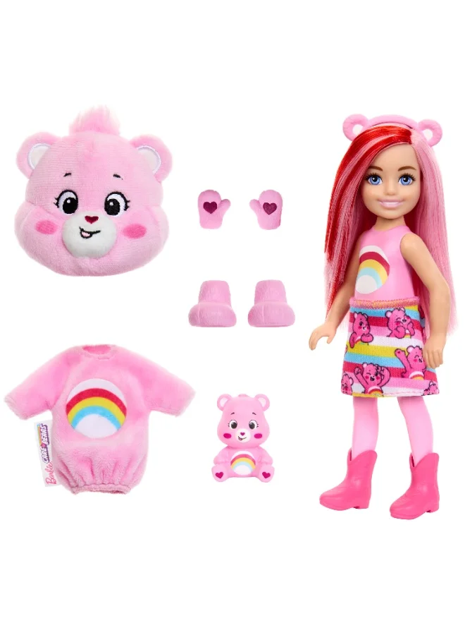 Barbie Cutie Reveal Chelsea Doll & Accessories, Care Bears Series, Small Doll with Plush Costume & 6 Surprises (Styles May Vary)