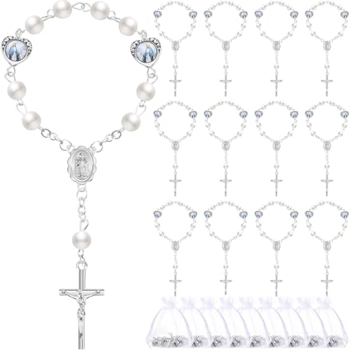 Misdary 30 Sets Baptism Mini Rosary with Organza Bags Faux Pearls Baptism Rosary Favors for Guests Catholic Finger for Christening Weddings Party Favors First Communion GiftSilvery - Image 1