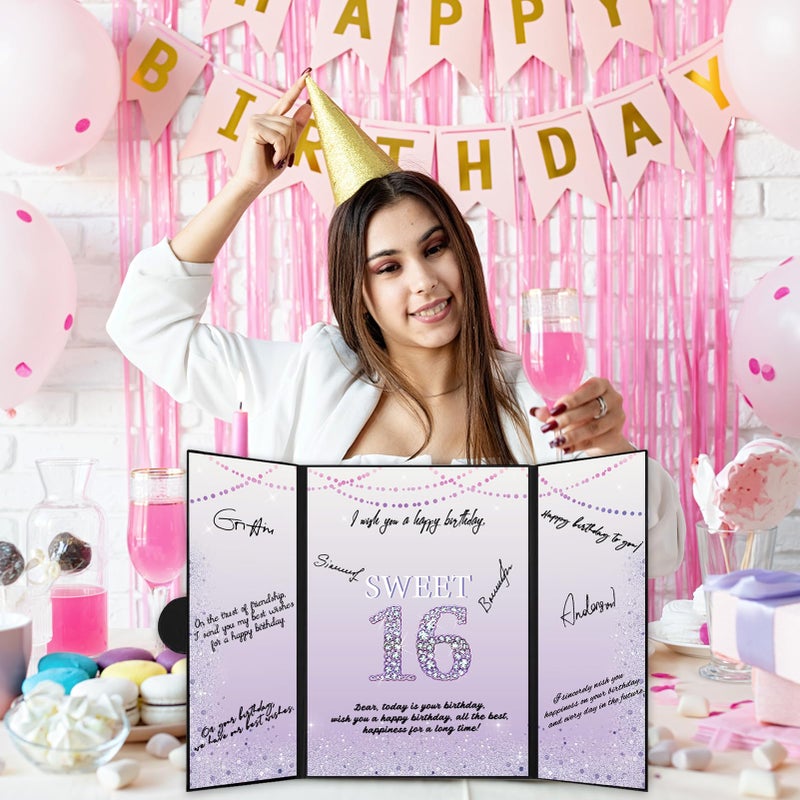 Roetyce Sweet 16 Party Decorations, Purple Sweet 16 Guest Book, 16th Birthday Decorations for Girls, Sweet 16 Birthday Gifts, Jumbo 16th Birthday Card Signature Board, 16 Years Old Bday Party Supplies - Image 4