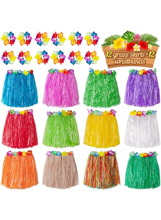 jollylife 12Pcs Hawaiian Luau Hula Skirts + 12Pcs Wristbands Hibiscus Flowers Birthday Tropical Party Decorations Favors Supplies - Image 2