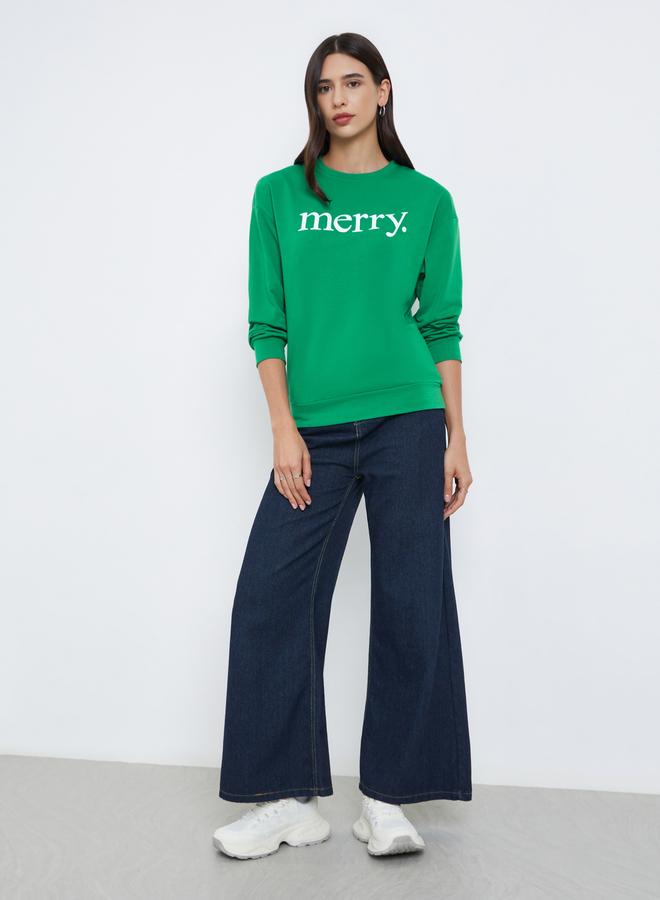 Take Two Green Merry Slogan Print Sweatshirt - Image 2