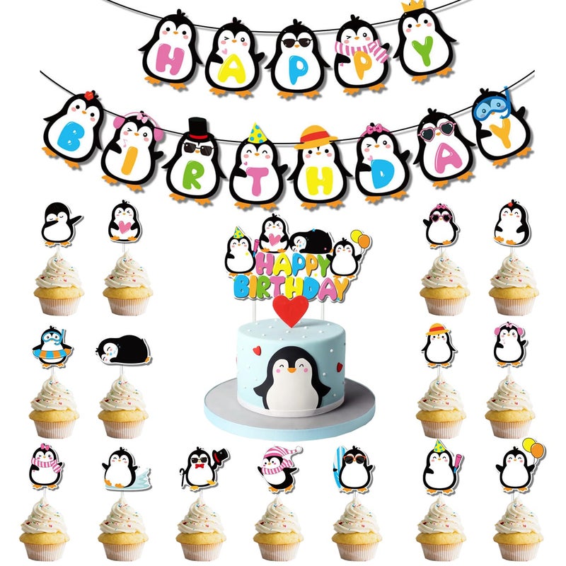 Kinyanco Penguin Birthday Party Decoration Set  2pcs Penguin Happy Birthday Banner with 16pcs Penguin Cake & Cupcake Topper  Cute Cartoon Penguin Theme Party Supplies Baby Shower Penguin Party Decor Cake Decor - Image 1