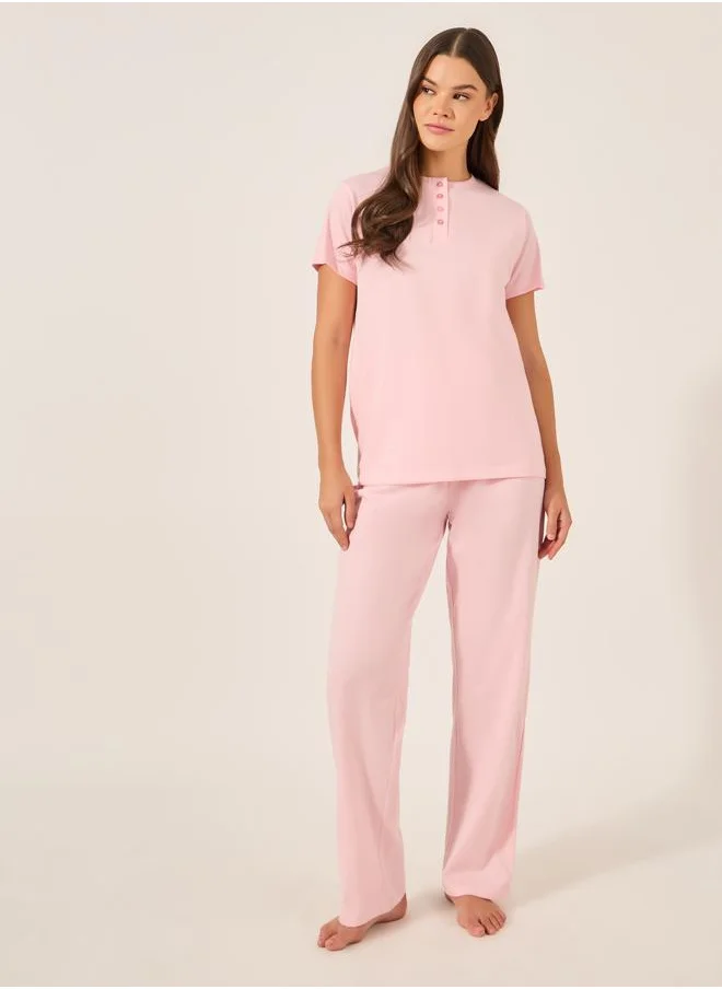 Styli Styli Pink Knitted T-Shirt and Pyjama Set