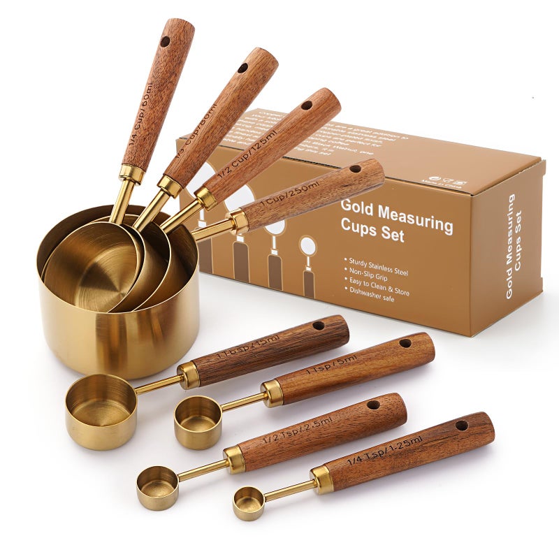 SHIKORI Gold Measuring Cups and Spoons Set, 8 Piece Premium Stainless Steel Measuring Cups with Wood Handles for Baking Supplies in the Kitchen (Gold) - Image 1