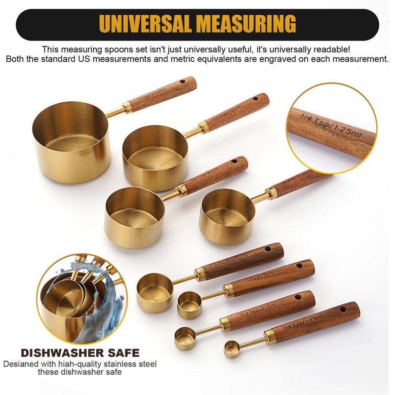 SHIKORI Gold Measuring Cups and Spoons Set, 8 Piece Premium Stainless Steel Measuring Cups with Wood Handles for Baking Supplies in the Kitchen (Gold) - Image 4