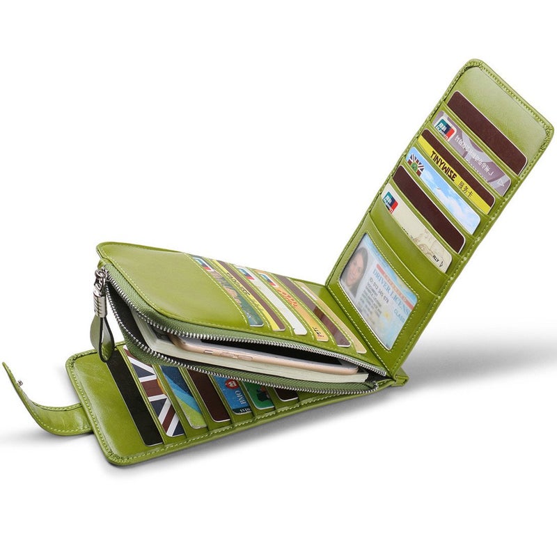 Huztencor Credit Card Holder RFID Blocking Wallet for Women Cases Slim Multi Organizer Protector Long Purse Clutch with ID Window Oil Wax Leather Green - Image 3