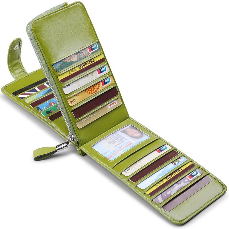 Huztencor Credit Card Holder RFID Blocking Wallet for Women Cases Slim Multi Organizer Protector Long Purse Clutch with ID Window Oil Wax Leather Green - Image 2
