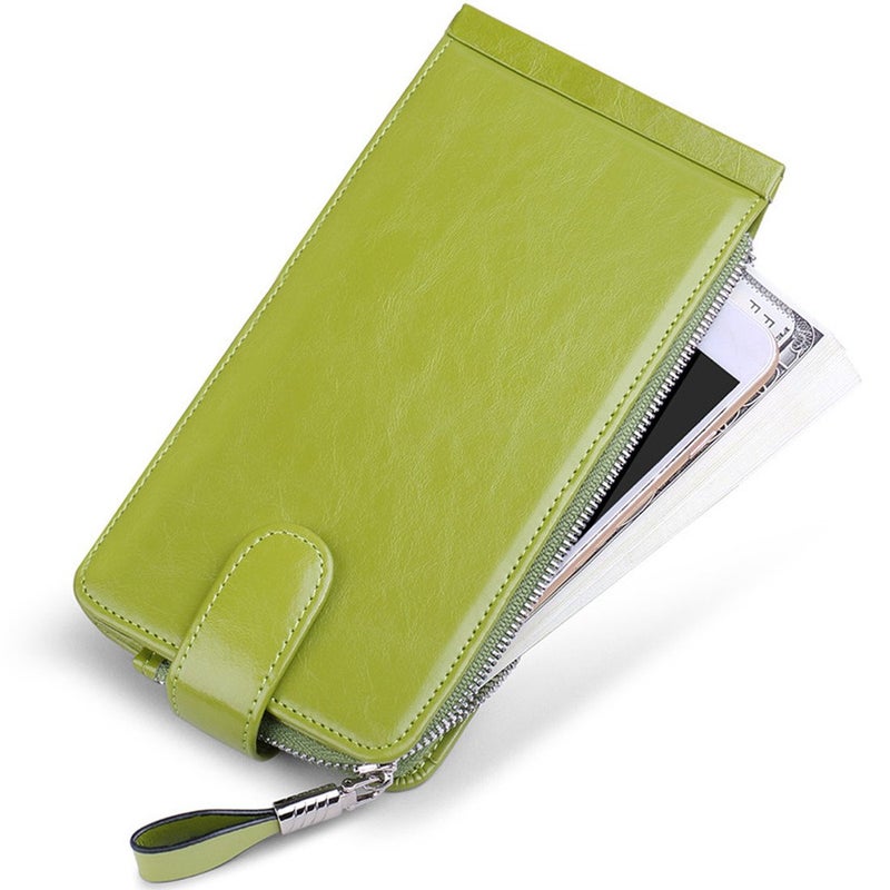 Huztencor Credit Card Holder RFID Blocking Wallet for Women Cases Slim Multi Organizer Protector Long Purse Clutch with ID Window Oil Wax Leather Green - Image 4