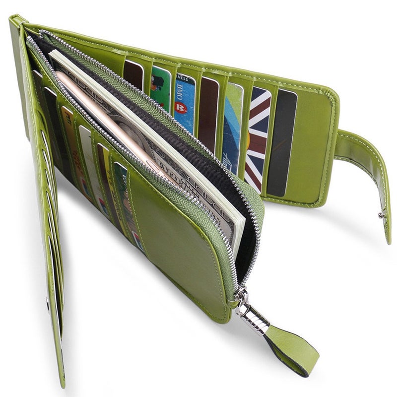 Huztencor Credit Card Holder RFID Blocking Wallet for Women Cases Slim Multi Organizer Protector Long Purse Clutch with ID Window Oil Wax Leather Green - Image 5