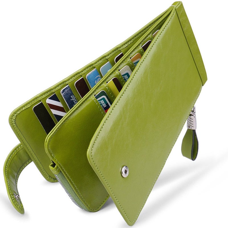 Huztencor Credit Card Holder RFID Blocking Wallet for Women Cases Slim Multi Organizer Protector Long Purse Clutch with ID Window Oil Wax Leather Green - Image 1