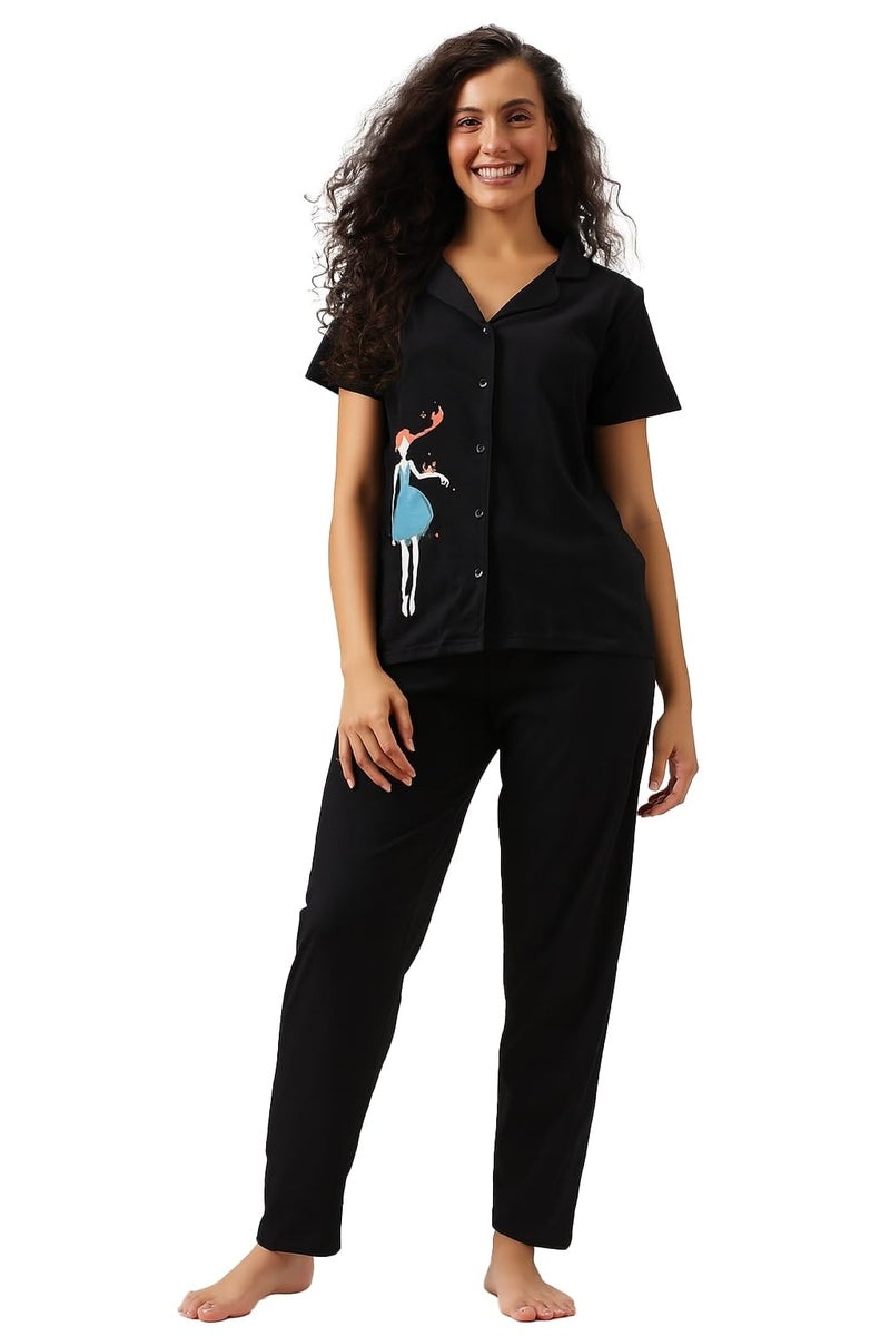 Clovia Women's Cotton Printed Button Down Shirt & Pajama Set (LS0025D13_Black_Medium) - Image 1