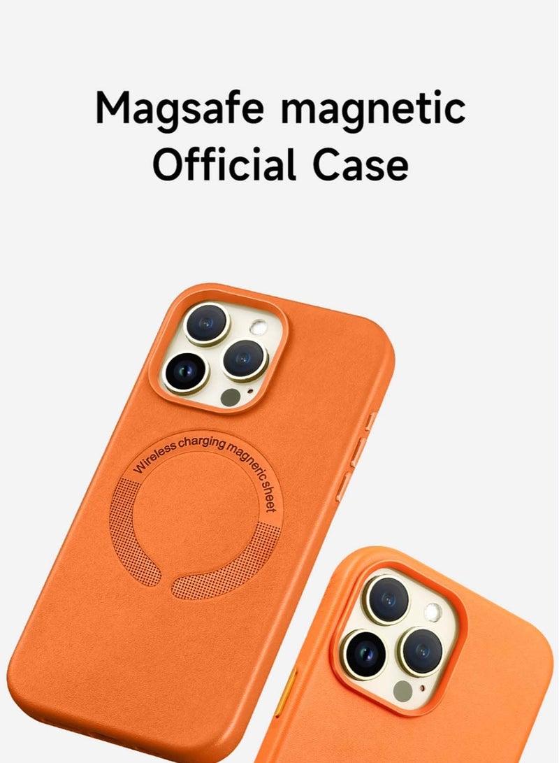 Techie Apple iPhone 15 Pro Max Magsafe Magnetic Leather back Cover Case with Inner Microfiber - Mustard Orange - Image 2