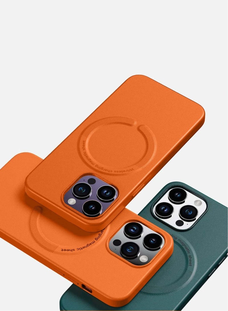 Techie Apple iPhone 15 Pro Max Magsafe Magnetic Leather back Cover Case with Inner Microfiber - Mustard Orange - Image 4