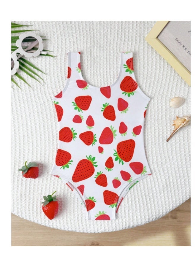 Girls' strawberry print swimsuit - white and red (9-12 months) - Image 1