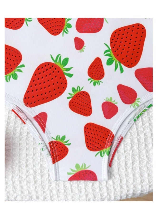 Girls' strawberry print swimsuit - white and red (9-12 months) - Image 3