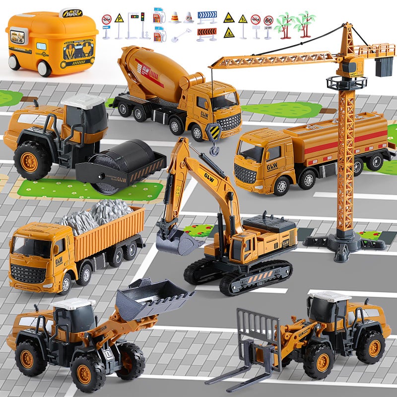 GLW Construction Trucks Toy Set with Yellow Bus Storage and Play Mat  Alloy Inertia Driving Simulation Model Engineering Toys with Scenario Accessories  Ideal Gifts for Ages 38 Boys and Girls 8 in 1 - Image 3