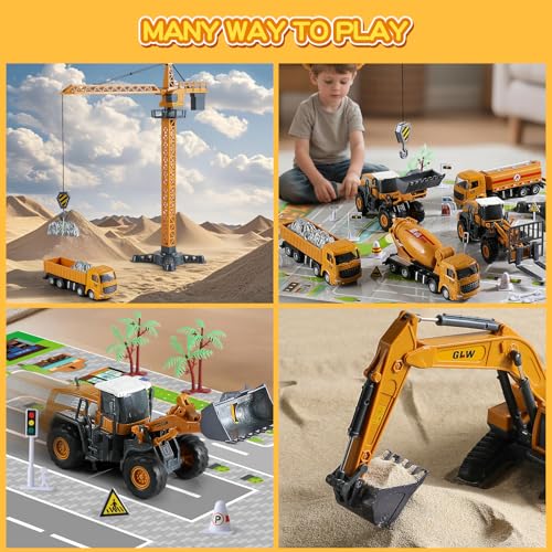 GLW Construction Trucks Toy Set with Yellow Bus Storage and Play Mat  Alloy Inertia Driving Simulation Model Engineering Toys with Scenario Accessories  Ideal Gifts for Ages 38 Boys and Girls 8 in 1 - Image 5