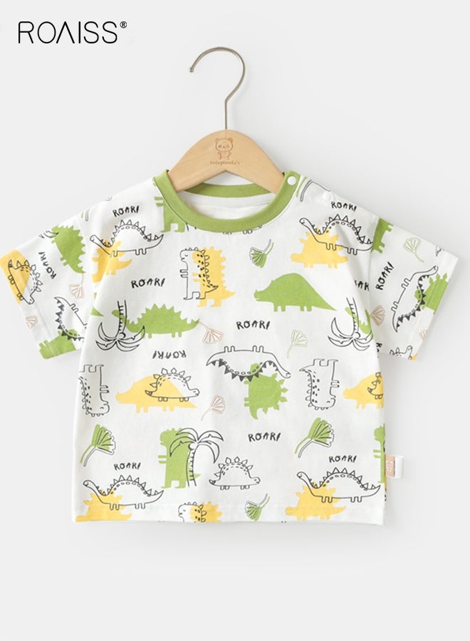 رويس طقم تي شيرت وشورت للصبي الصغير، زي أنيق مكون من قطعتين للأولاد، زي صيفي من القطن مع بلوزة بنقشة ديناصور وشورت بخصر مطاطي، مثالي للارتداء اليومي أو المناسبات المختلفة - Image 2