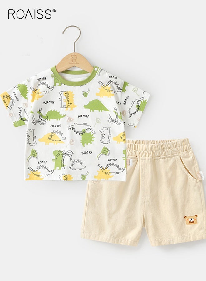 رويس طقم تي شيرت وشورت للصبي الصغير، زي أنيق مكون من قطعتين للأولاد، زي صيفي من القطن مع بلوزة بنقشة ديناصور وشورت بخصر مطاطي، مثالي للارتداء اليومي أو المناسبات المختلفة - Image 1
