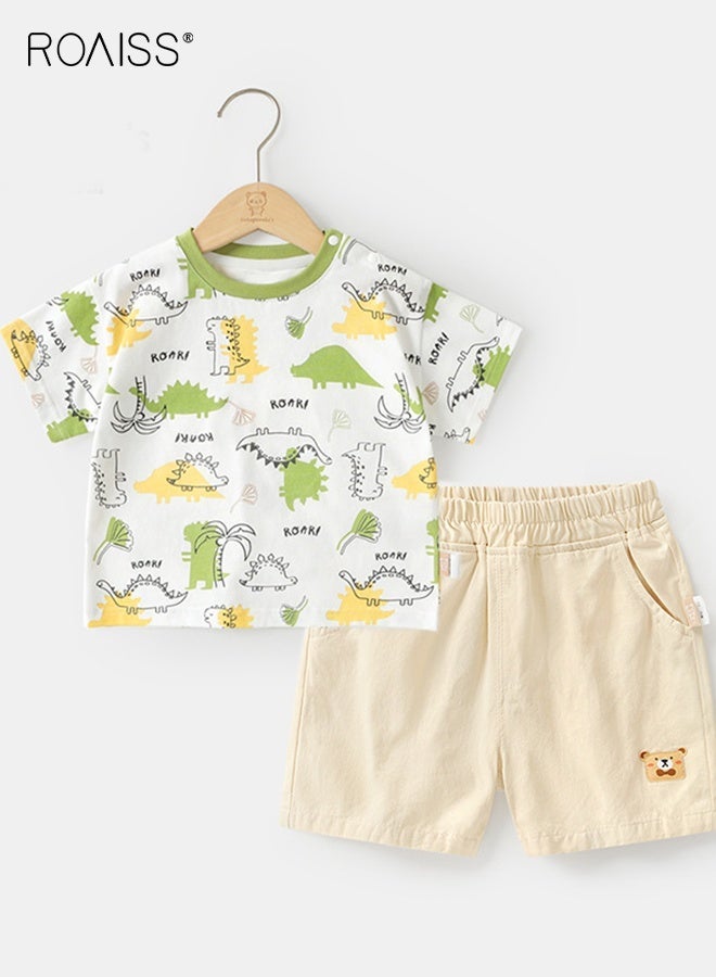 roaiss Little Boy T-Shirt and Shorts Set, Stylish 2-Piece Outfit for Boys, Summer Cotton Outfit with Dinosaur Pattern Top and Elastic Waist Shorts, Perfect for Daily Wear or Various Occasions - Image 2