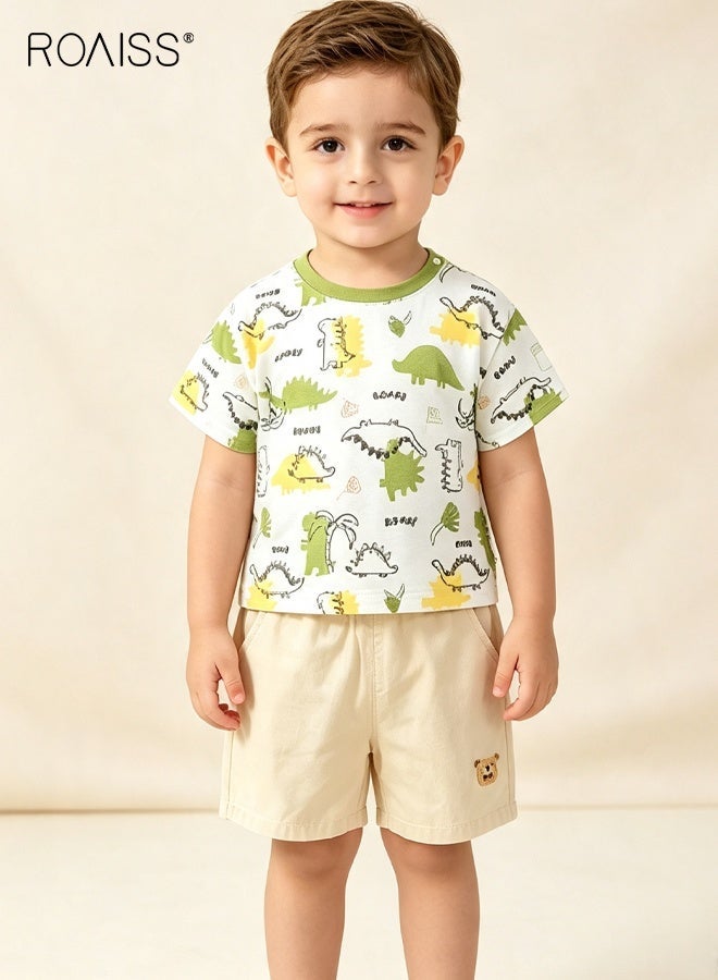 roaiss Little Boy T-Shirt and Shorts Set, Stylish 2-Piece Outfit for Boys, Summer Cotton Outfit with Dinosaur Pattern Top and Elastic Waist Shorts, Perfect for Daily Wear or Various Occasions - Image 1