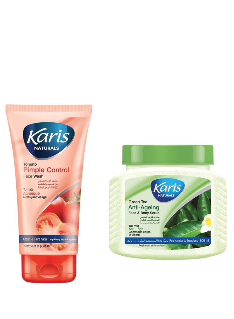 KARIS Set of 2 Karis Green Tea Anti-Aging Face & Body Scrub, 600ml, Karis Pimple Control Wash, Tomato, 150ml - Image 1