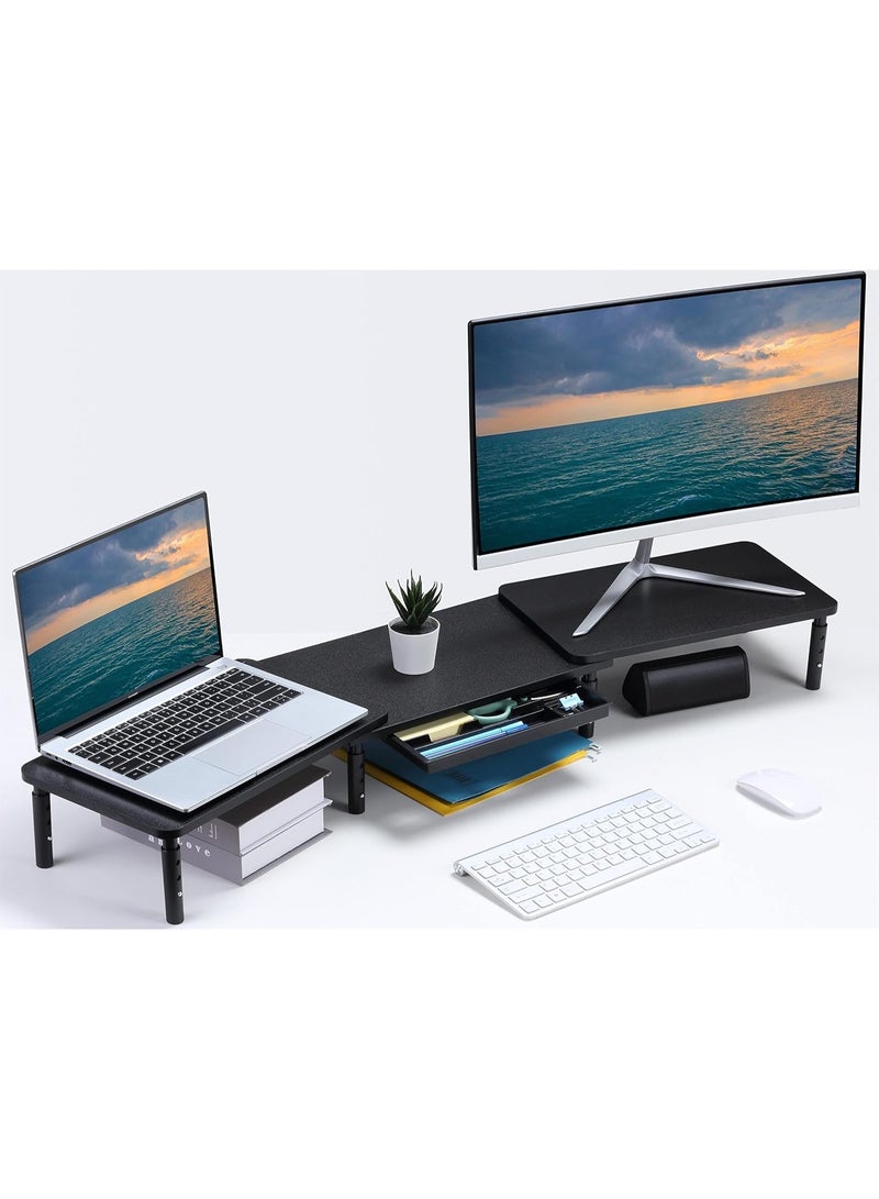 ETHU Dual Monitor Stand,Double Monitor Riser for PC,Computer, Laptop and Printer,3 Adjustable Shelf Length and Angle Desktop Stand Organizer with Phone Holder and Drawer - Image 1