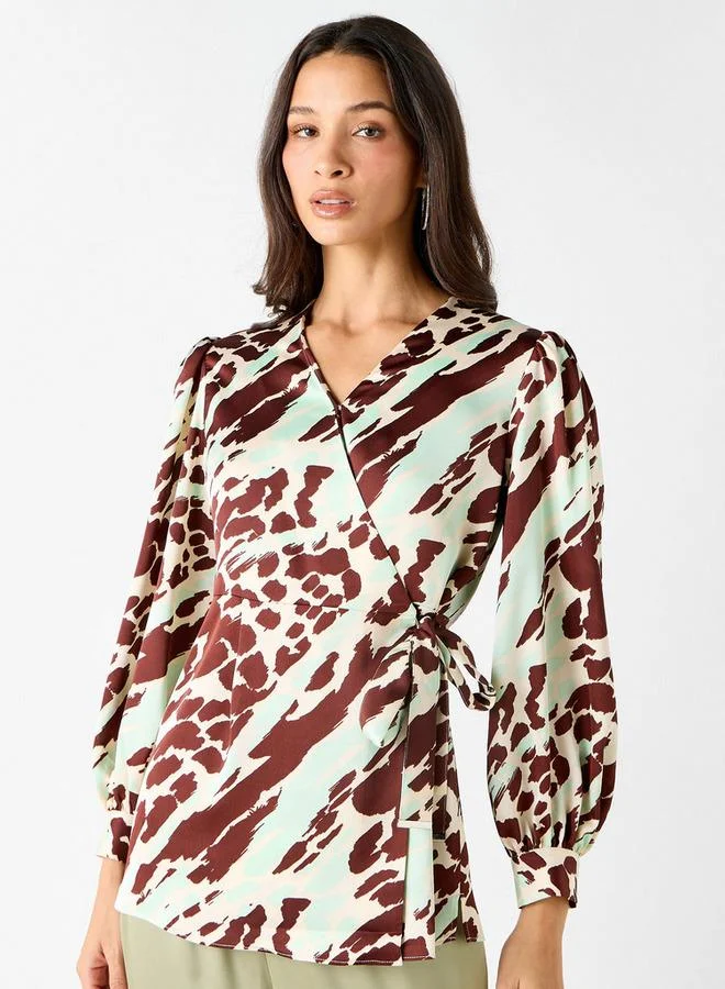 Iconic Iconic All-Over Print Wrap Top with Long Sleeves and Tie-Up Detail
