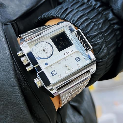 FEICE Wathes for Men Digital LED Analog Quartz Wristwatch Business Men’s Watch Multifunction Square Chronograph 24H Calendar Leather Band Unique Large Dial Watches FK030-SLIVER - Image 3